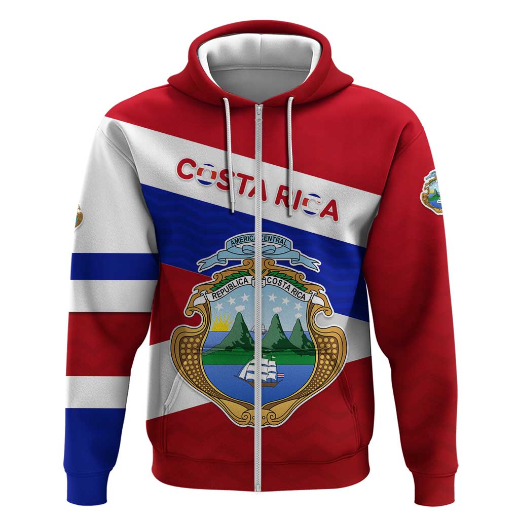 Costa Rica Flag Hoodie Red White Blue with National Coat of Arms and Shield Design - Wonder Print Shop