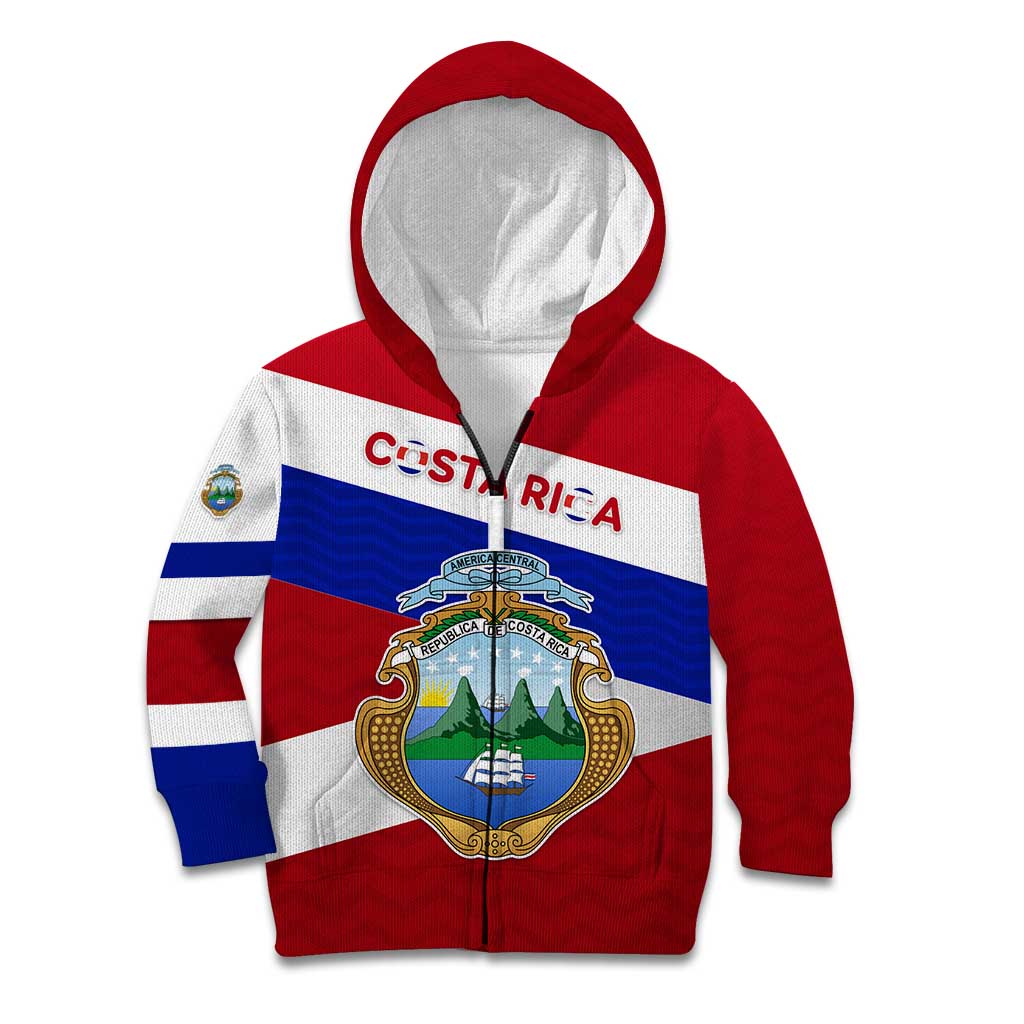 Costa Rica Flag Kid Hoodie Red White Blue with National Coat of Arms and Shield Design - Wonder Print Shop