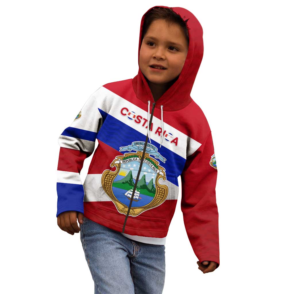 Costa Rica Flag Kid Hoodie Red White Blue with National Coat of Arms and Shield Design - Wonder Print Shop