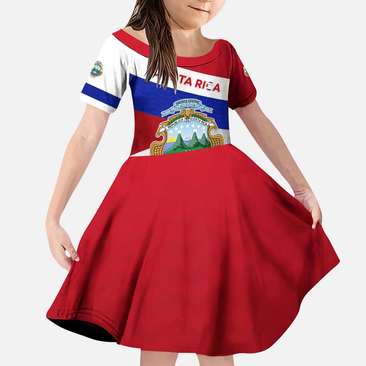 Costa Rica Flag Kid Short Sleeve Dress Red White Blue with National Coat of Arms and Shield Design - Wonder Print Shop