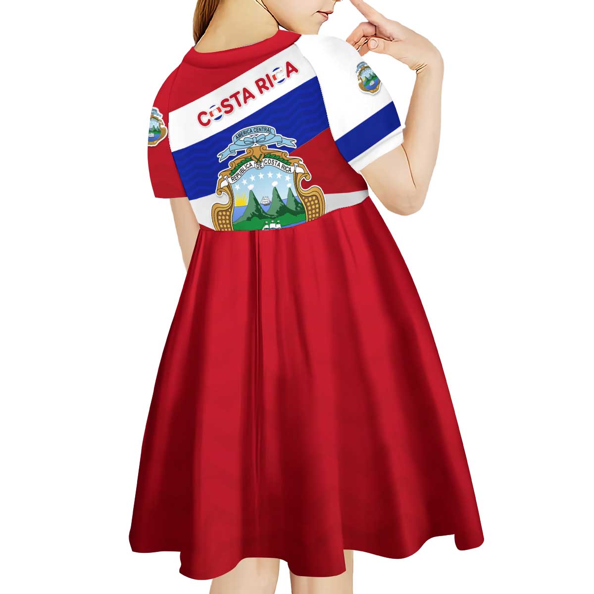 Costa Rica Flag Kid Short Sleeve Dress Red White Blue with National Coat of Arms and Shield Design - Wonder Print Shop