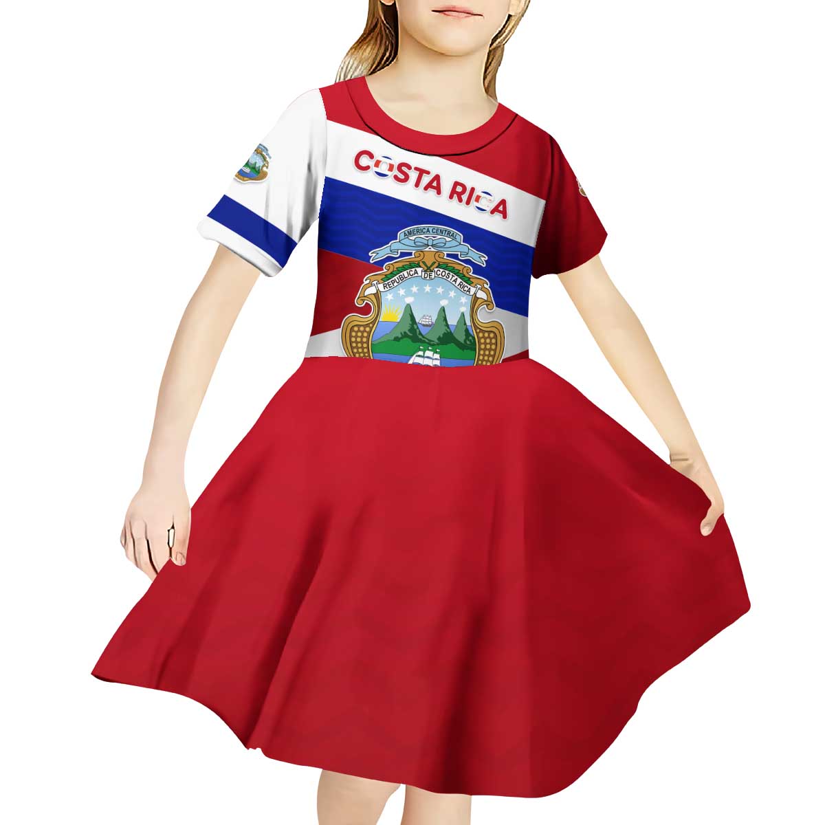 Costa Rica Flag Kid Short Sleeve Dress Red White Blue with National Coat of Arms and Shield Design - Wonder Print Shop