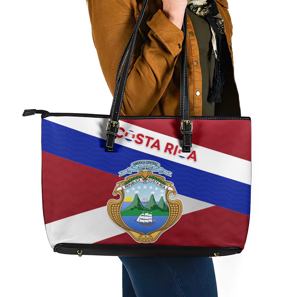 Costa Rica Flag Leather Tote Bag Red White Blue with National Coat of Arms and Shield Design - Wonder Print Shop