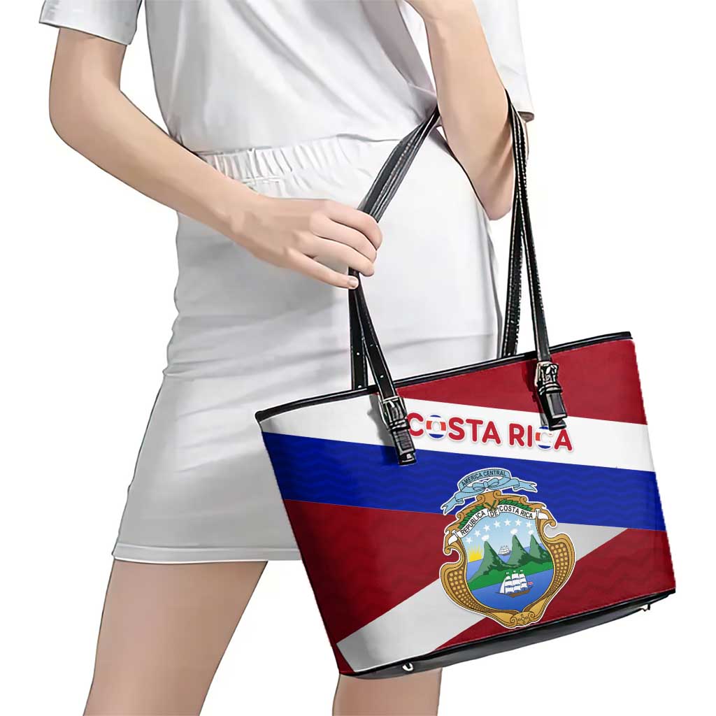 Costa Rica Flag Leather Tote Bag Red White Blue with National Coat of Arms and Shield Design - Wonder Print Shop