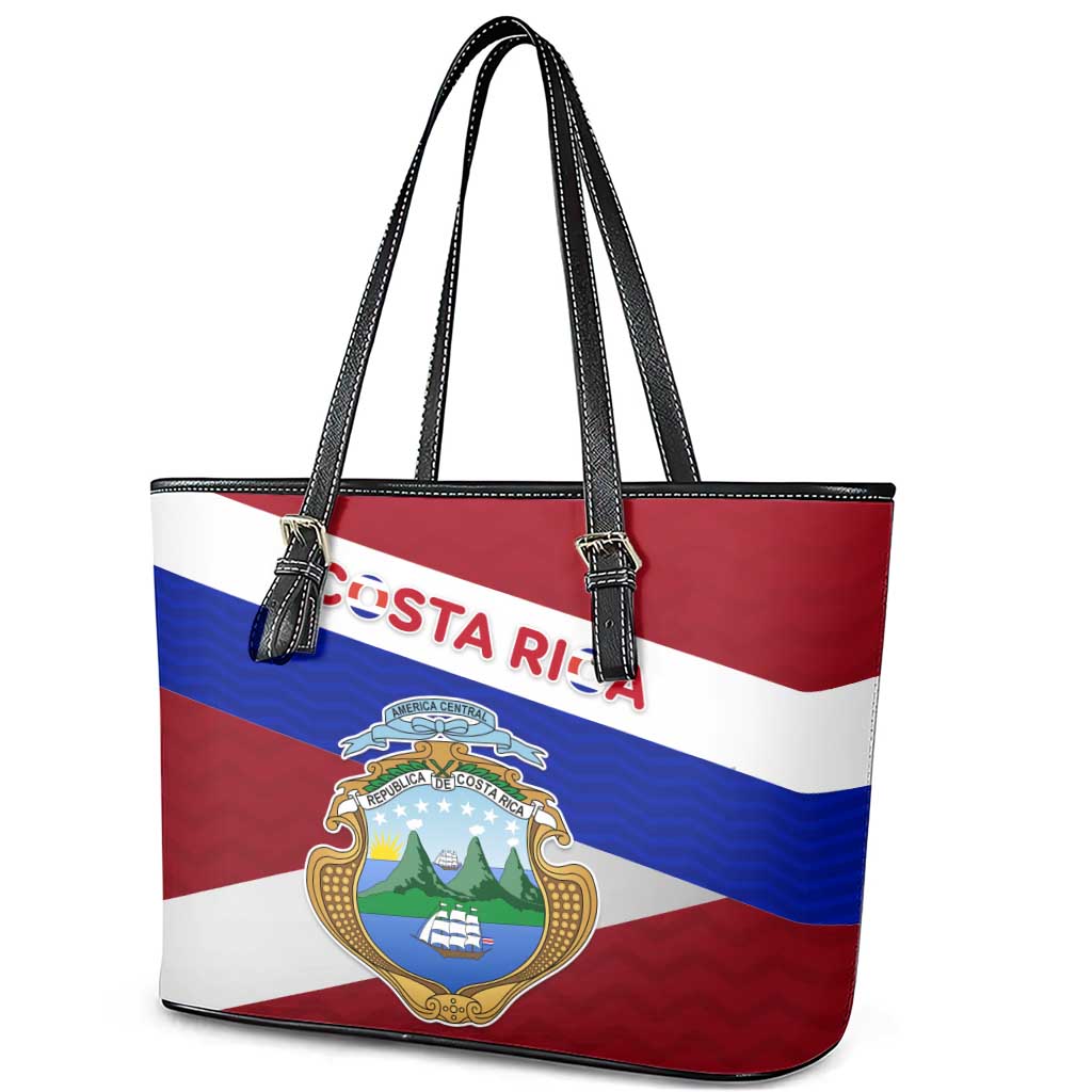 Costa Rica Flag Leather Tote Bag Red White Blue with National Coat of Arms and Shield Design - Wonder Print Shop