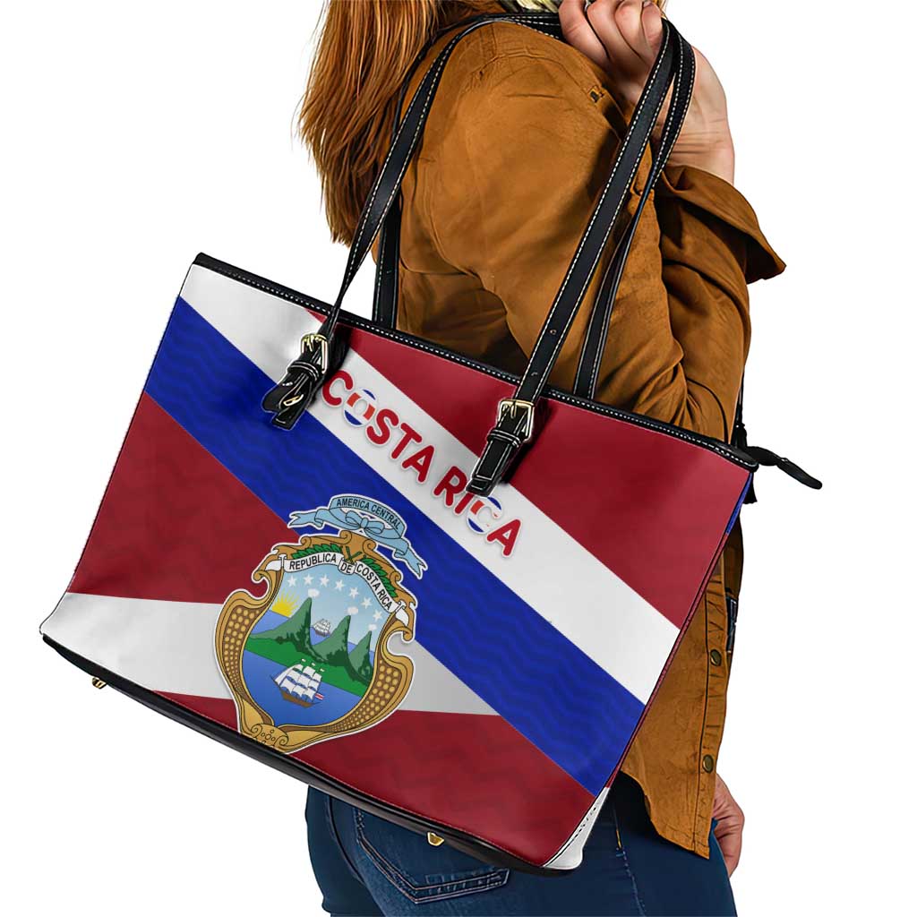 Costa Rica Flag Leather Tote Bag Red White Blue with National Coat of Arms and Shield Design - Wonder Print Shop