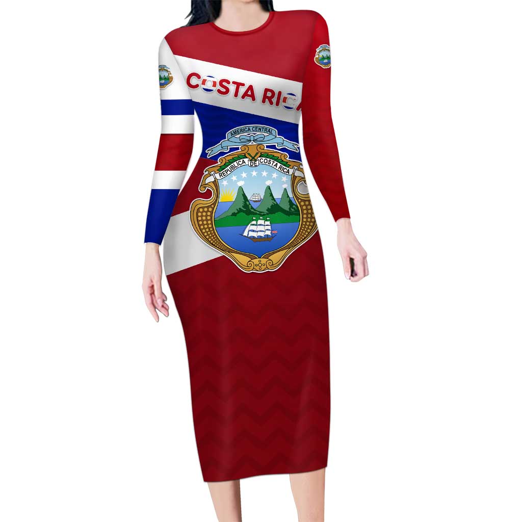 Costa Rica Flag Long Sleeve Bodycon Dress Red White Blue with National Coat of Arms and Shield Design - Wonder Print Shop