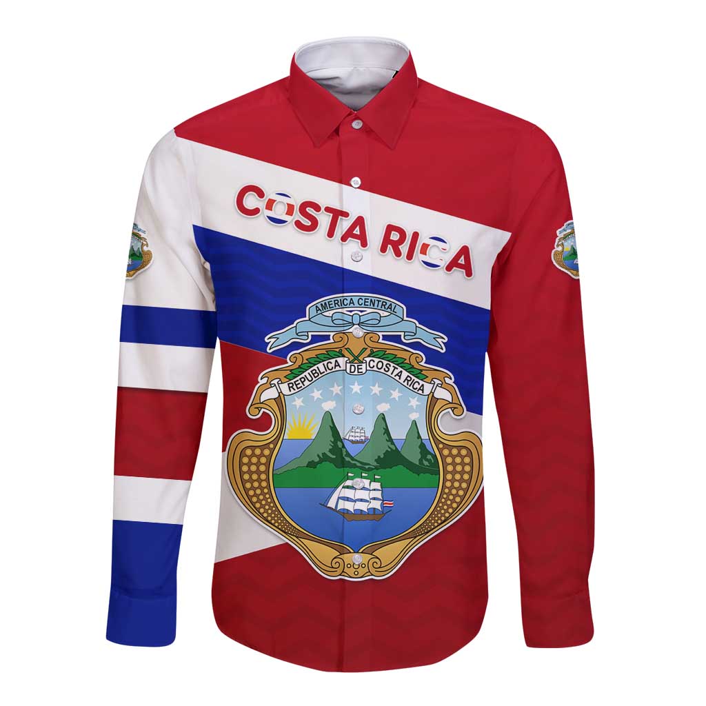 Costa Rica Flag Long Sleeve Button Shirt Red White Blue with National Coat of Arms and Shield Design - Wonder Print Shop