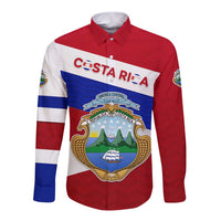 Costa Rica Flag Long Sleeve Button Shirt Red White Blue with National Coat of Arms and Shield Design - Wonder Print Shop
