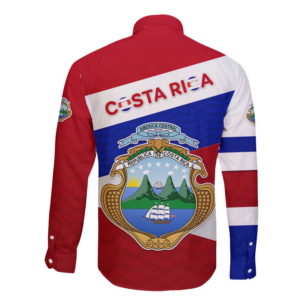 Costa Rica Flag Long Sleeve Button Shirt Red White Blue with National Coat of Arms and Shield Design - Wonder Print Shop