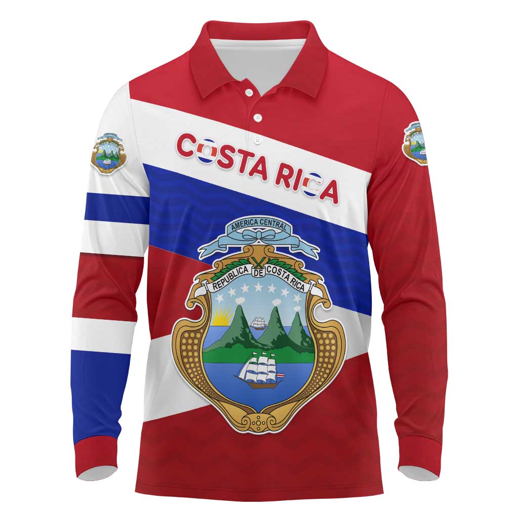 Costa Rica Flag Long Sleeve Polo Shirt Red White Blue with National Coat of Arms and Shield Design - Wonder Print Shop