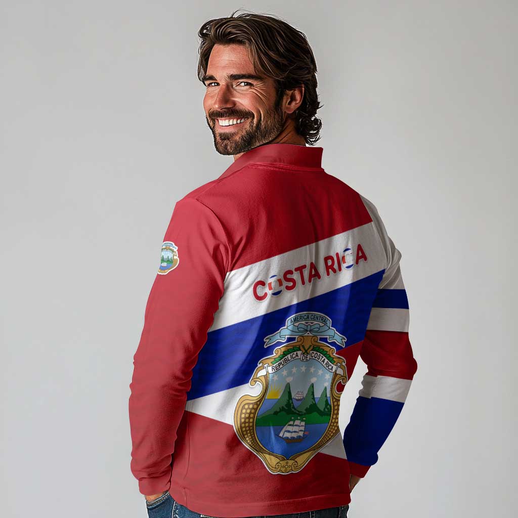 Costa Rica Flag Long Sleeve Polo Shirt Red White Blue with National Coat of Arms and Shield Design - Wonder Print Shop