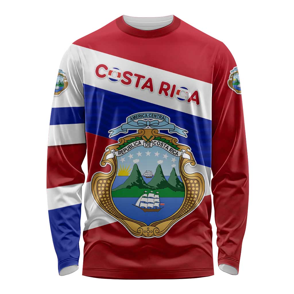 Costa Rica Flag Long Sleeve Shirt Red White Blue with National Coat of Arms and Shield Design - Wonder Print Shop