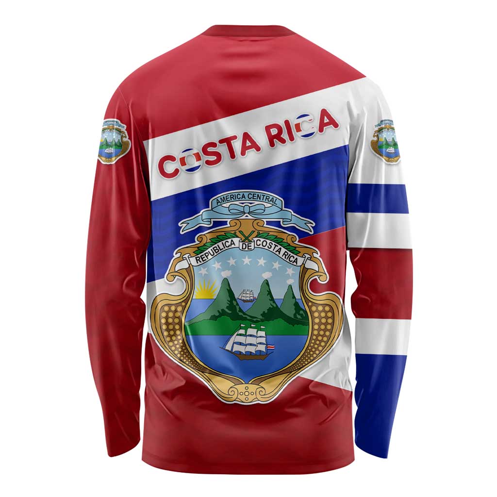Costa Rica Flag Long Sleeve Shirt Red White Blue with National Coat of Arms and Shield Design - Wonder Print Shop