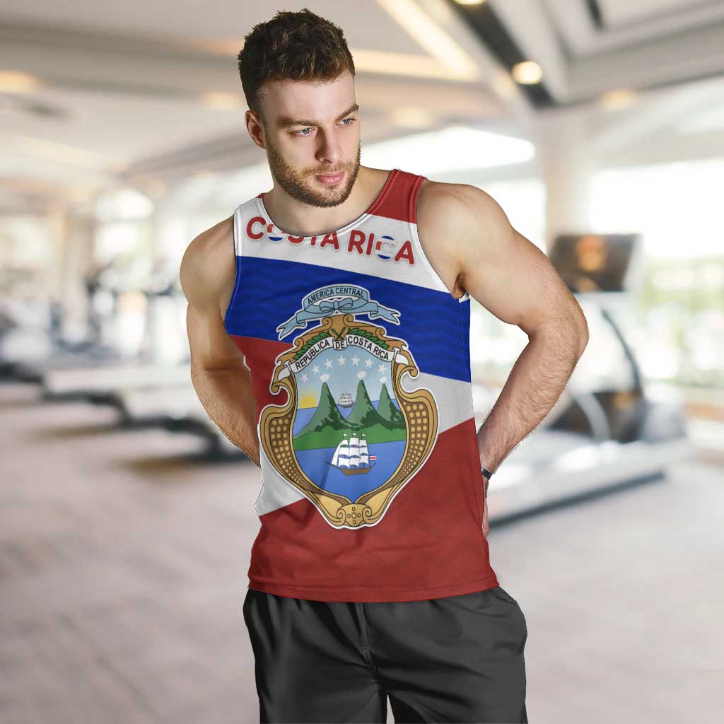 Costa Rica Flag Men Tank Top Red White Blue with National Coat of Arms and Shield Design - Wonder Print Shop