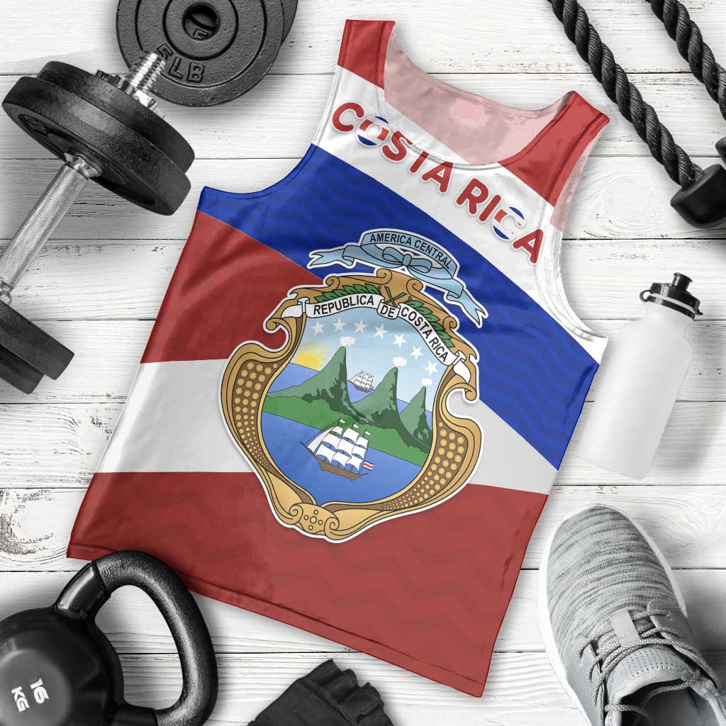 Costa Rica Flag Men Tank Top Red White Blue with National Coat of Arms and Shield Design - Wonder Print Shop