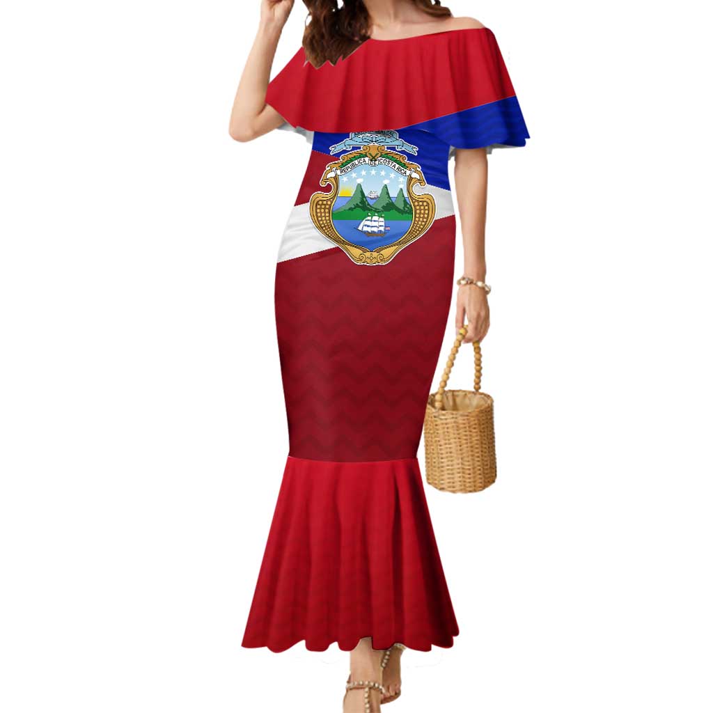 Costa Rica Flag Mermaid Dress Red White Blue with National Coat of Arms and Shield Design - Wonder Print Shop