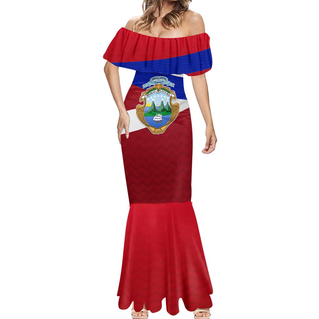 Costa Rica Flag Mermaid Dress Red White Blue with National Coat of Arms and Shield Design - Wonder Print Shop
