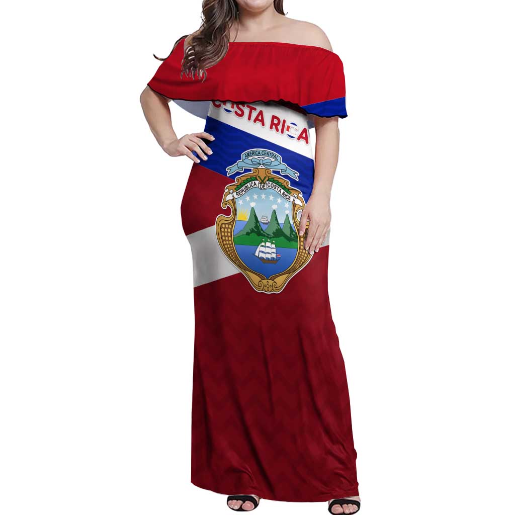 Costa Rica Flag Off Shoulder Maxi Dress Red White Blue with National Coat of Arms and Shield Design - Wonder Print Shop
