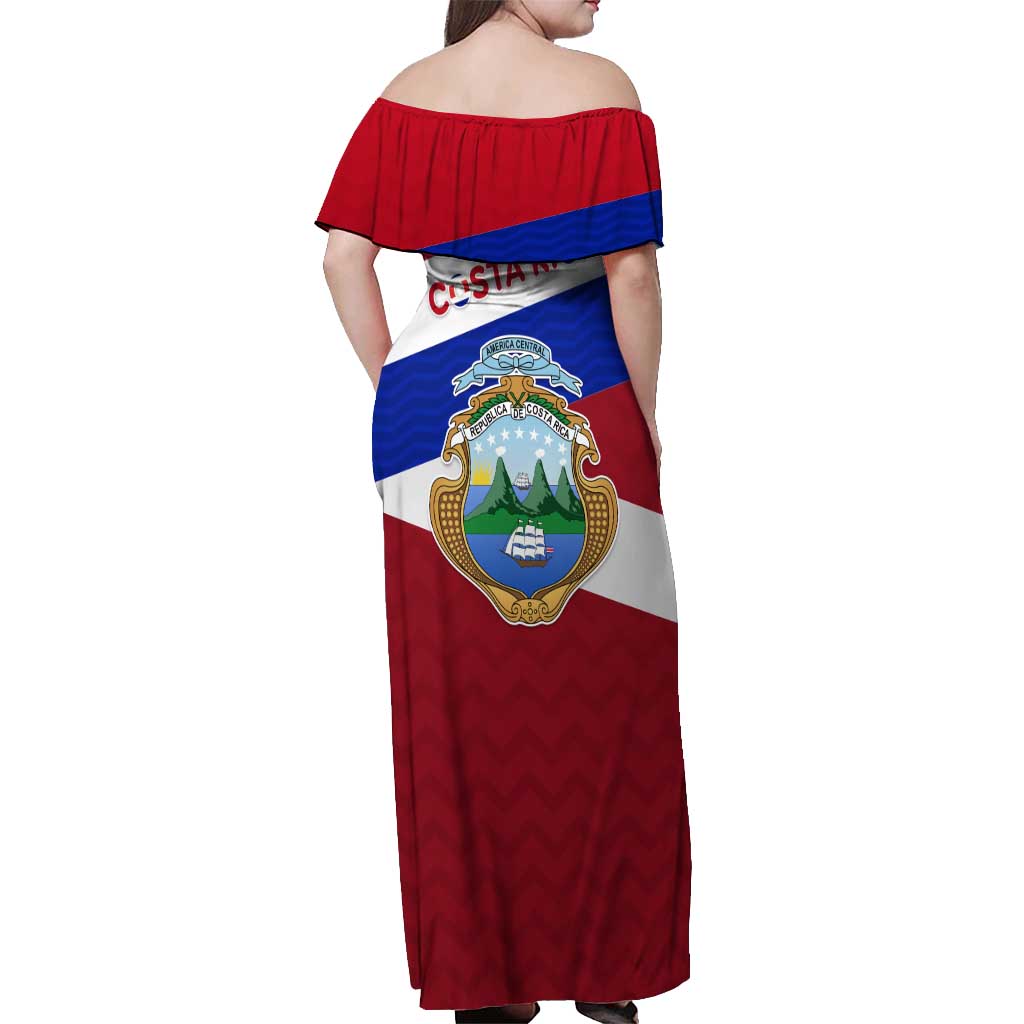 Costa Rica Flag Off Shoulder Maxi Dress Red White Blue with National Coat of Arms and Shield Design - Wonder Print Shop