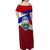 Costa Rica Flag Off Shoulder Maxi Dress Red White Blue with National Coat of Arms and Shield Design - Wonder Print Shop