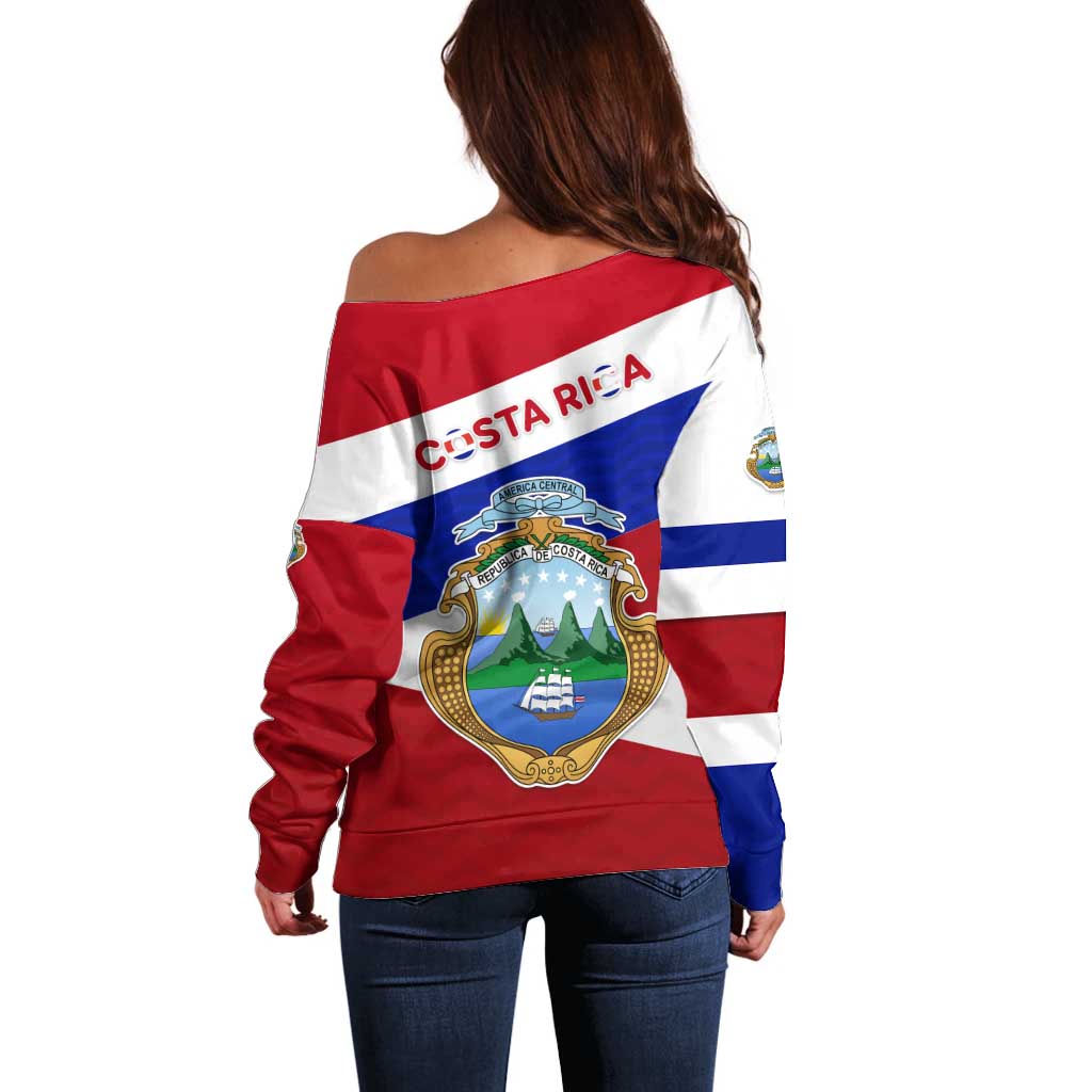 Costa Rica Flag Off Shoulder Sweater Red White Blue with National Coat of Arms and Shield Design - Wonder Print Shop