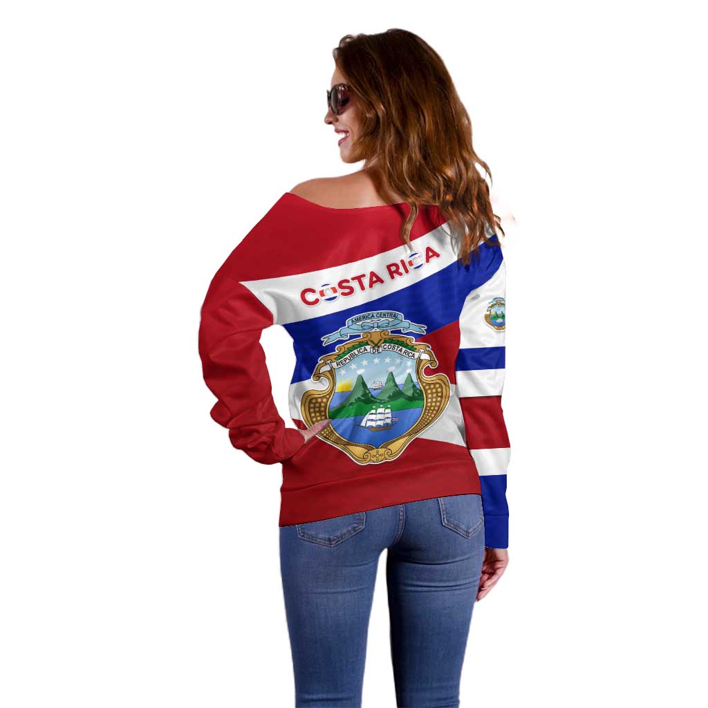 Costa Rica Flag Off Shoulder Sweater Red White Blue with National Coat of Arms and Shield Design - Wonder Print Shop
