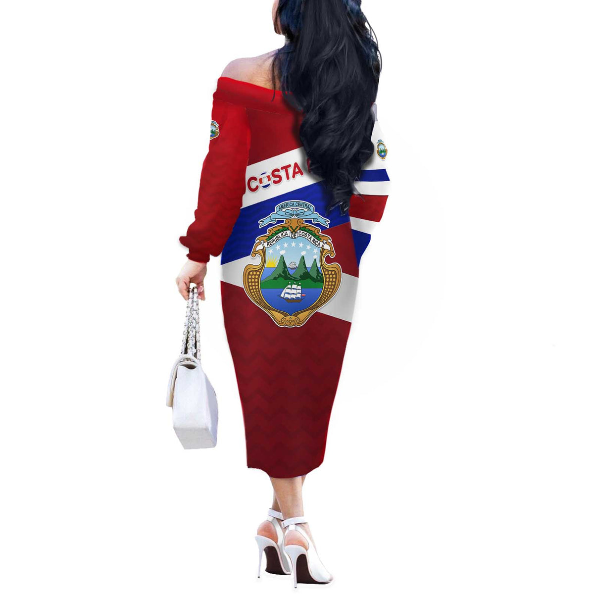 Costa Rica Flag Off The Shoulder Long Sleeve Dress Red White Blue with National Coat of Arms and Shield Design - Wonder Print Shop
