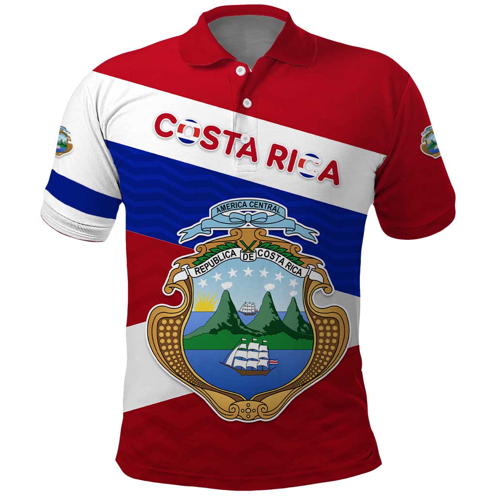 Costa Rica Flag Polo Shirt Red White Blue with National Coat of Arms and Shield Design - Wonder Print Shop