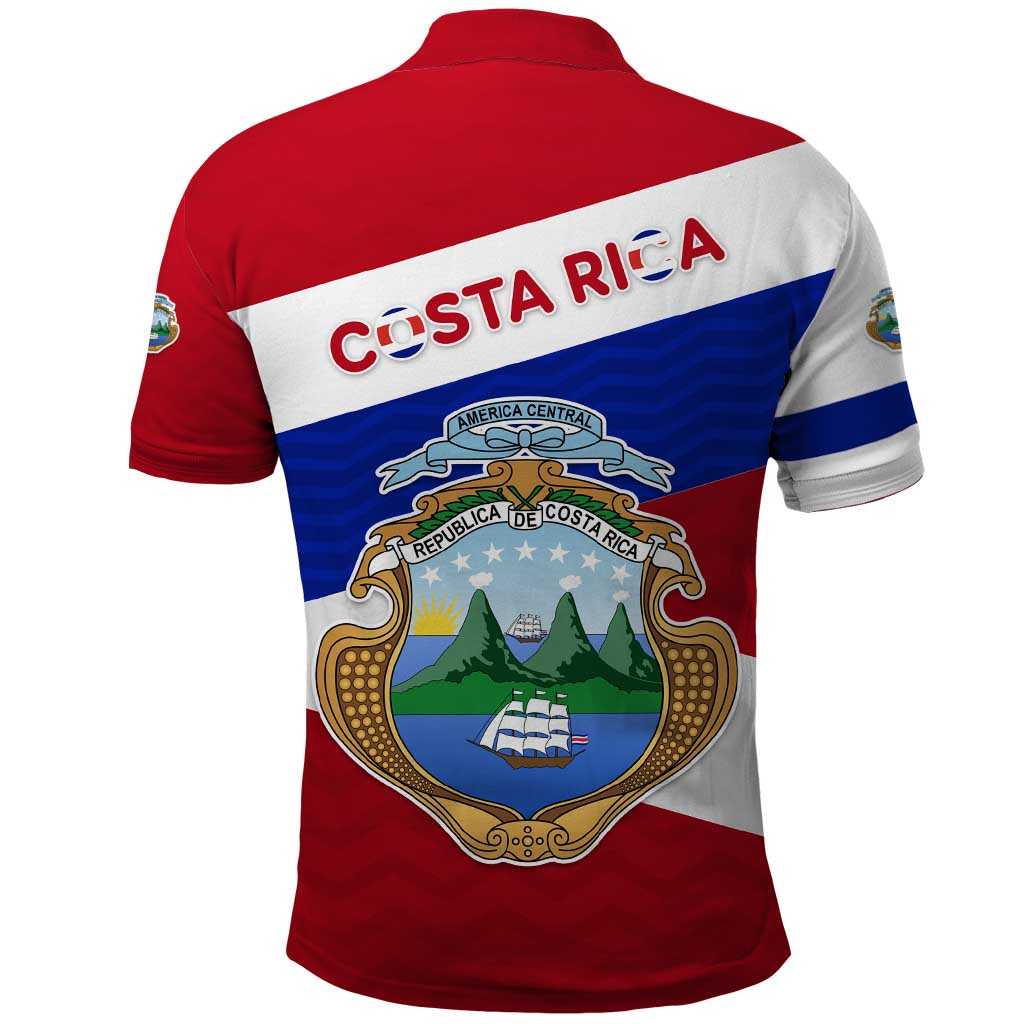 Costa Rica Flag Polo Shirt Red White Blue with National Coat of Arms and Shield Design - Wonder Print Shop