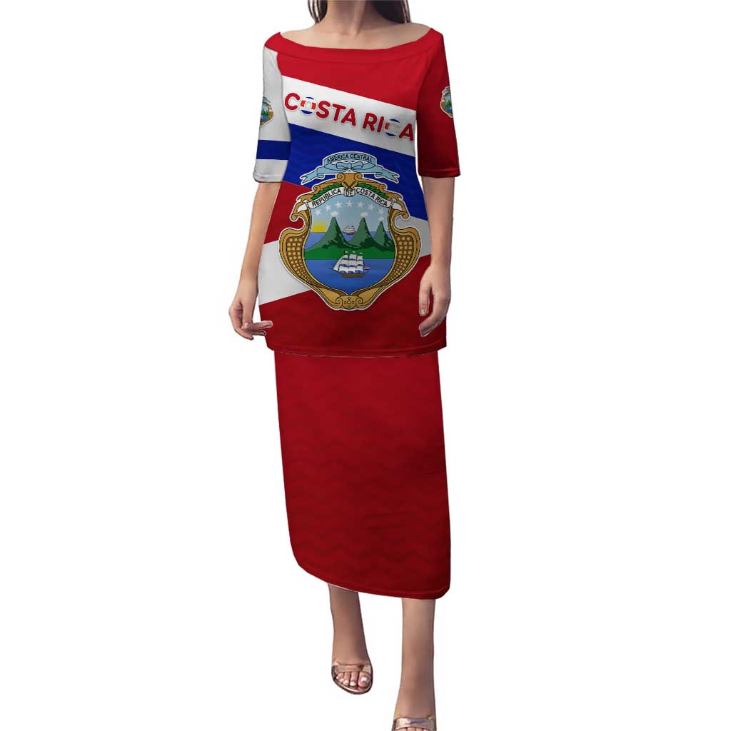 Costa Rica Flag Puletasi Red White Blue with National Coat of Arms and Shield Design - Wonder Print Shop