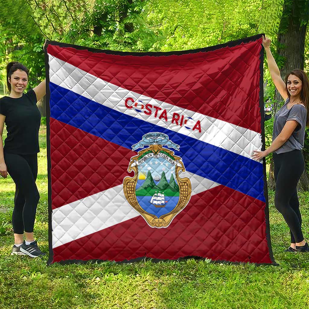 Costa Rica Flag Quilt Red White Blue with National Coat of Arms and Shield Design - Wonder Print Shop
