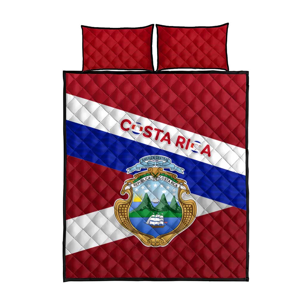 Costa Rica Flag Quilt Bed Set Red White Blue with National Coat of Arms and Shield Design - Wonder Print Shop