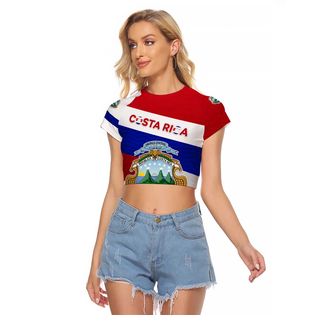 Costa Rica Flag Raglan Cropped T Shirt Red White Blue with National Coat of Arms and Shield Design - Wonder Print Shop