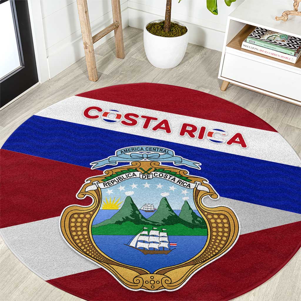 Costa Rica Flag Round Carpet Red White Blue with National Coat of Arms and Shield Design - Wonder Print Shop