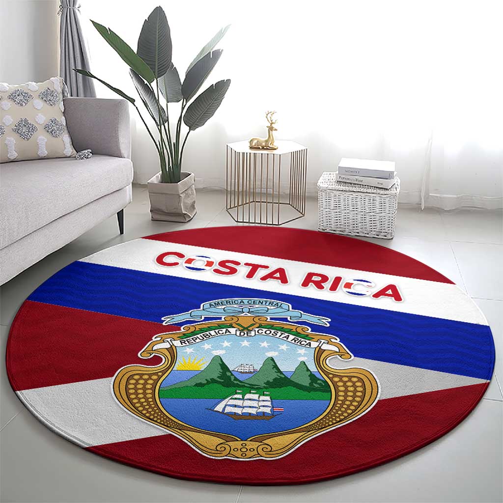 Costa Rica Flag Round Carpet Red White Blue with National Coat of Arms and Shield Design - Wonder Print Shop