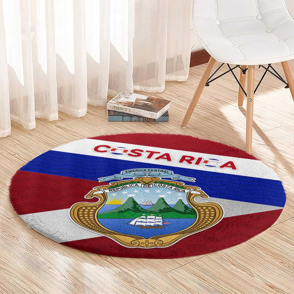 Costa Rica Flag Round Carpet Red White Blue with National Coat of Arms and Shield Design - Wonder Print Shop
