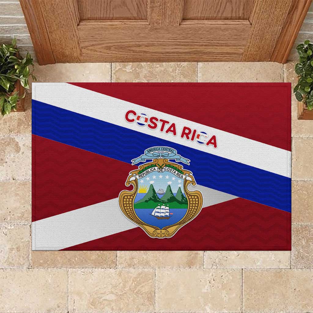 Costa Rica Flag Rubber Doormat Red White Blue with National Coat of Arms and Shield Design - Wonder Print Shop