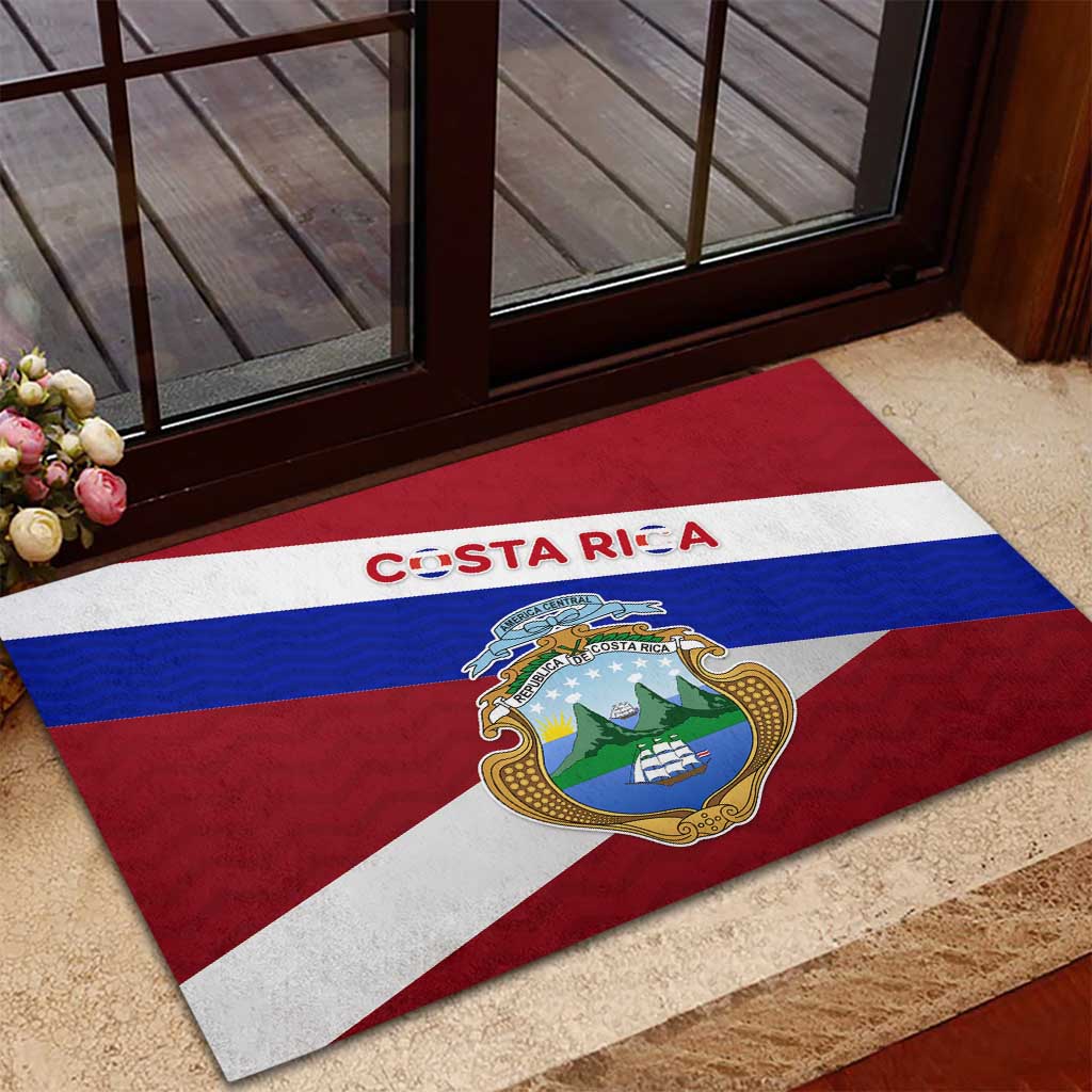 Costa Rica Flag Rubber Doormat Red White Blue with National Coat of Arms and Shield Design - Wonder Print Shop