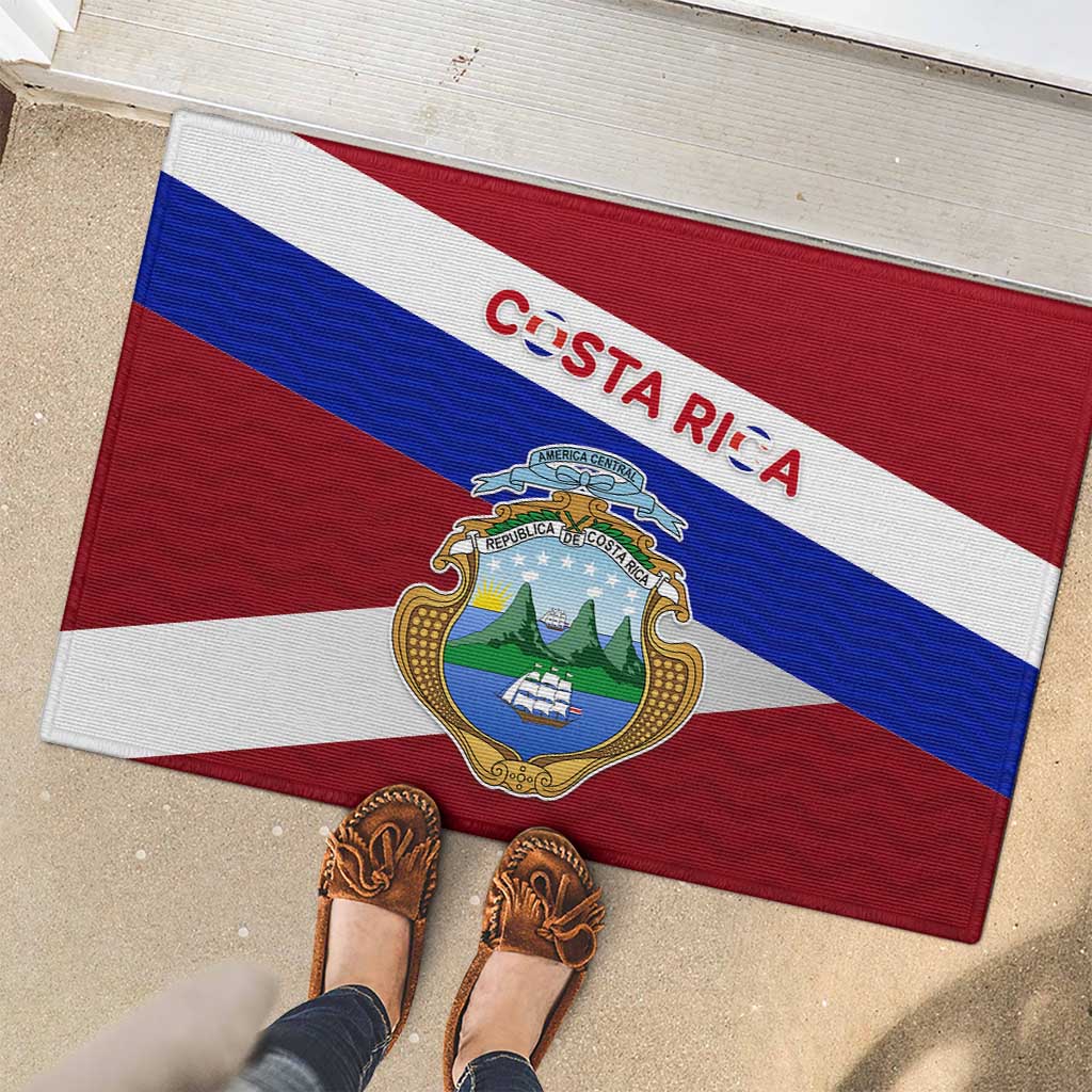 Costa Rica Flag Rubber Doormat Red White Blue with National Coat of Arms and Shield Design - Wonder Print Shop