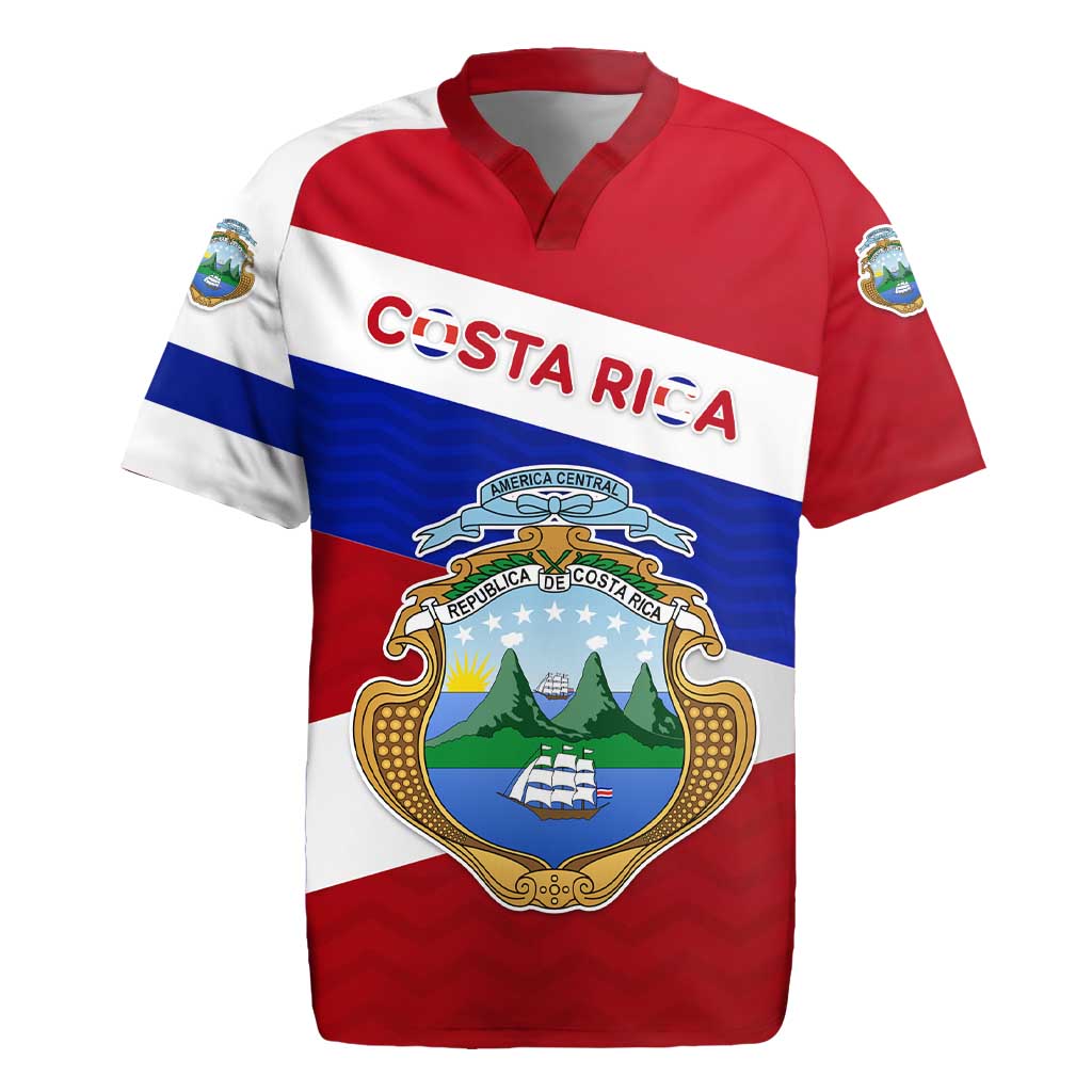 Costa Rica Flag Rugby Jersey Red White Blue with National Coat of Arms and Shield Design - Wonder Print Shop