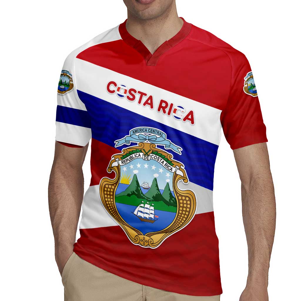 Costa Rica Flag Rugby Jersey Red White Blue with National Coat of Arms and Shield Design - Wonder Print Shop
