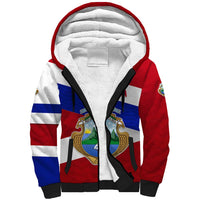 Costa Rica Flag Sherpa Hoodie Red White Blue with National Coat of Arms and Shield Design - Wonder Print Shop