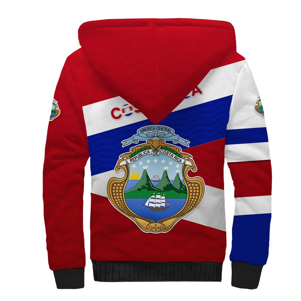 Costa Rica Flag Sherpa Hoodie Red White Blue with National Coat of Arms and Shield Design - Wonder Print Shop