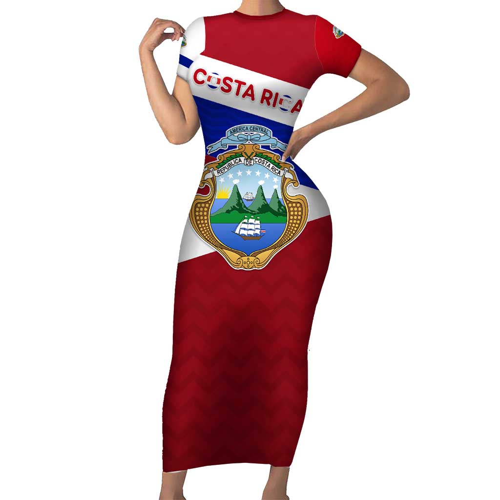 Costa Rica Flag Short Sleeve Bodycon Dress Red White Blue with National Coat of Arms and Shield Design - Wonder Print Shop
