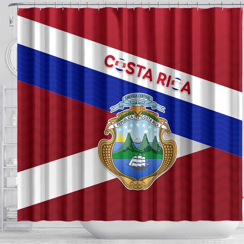 Costa Rica Flag Shower Curtain Red White Blue with National Coat of Arms and Shield Design - Wonder Print Shop