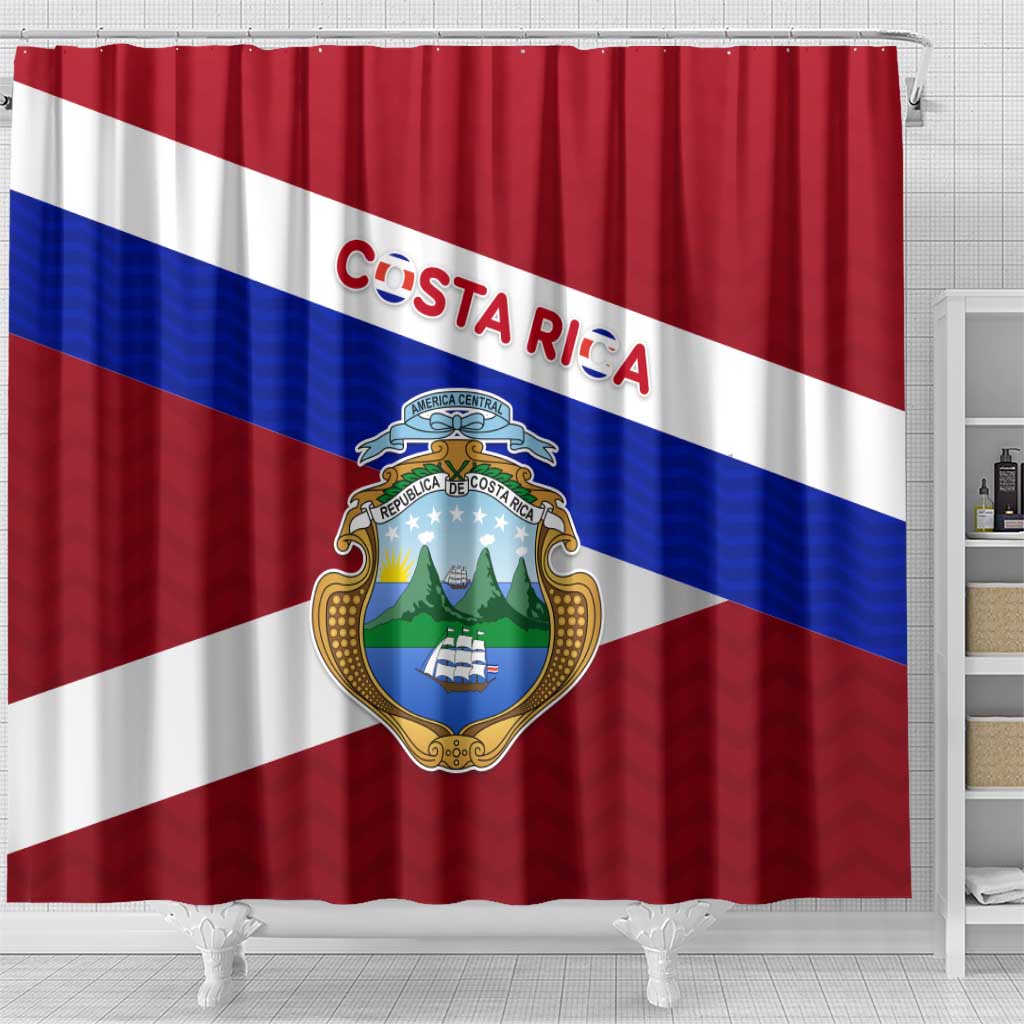 Costa Rica Flag Shower Curtain Red White Blue with National Coat of Arms and Shield Design - Wonder Print Shop