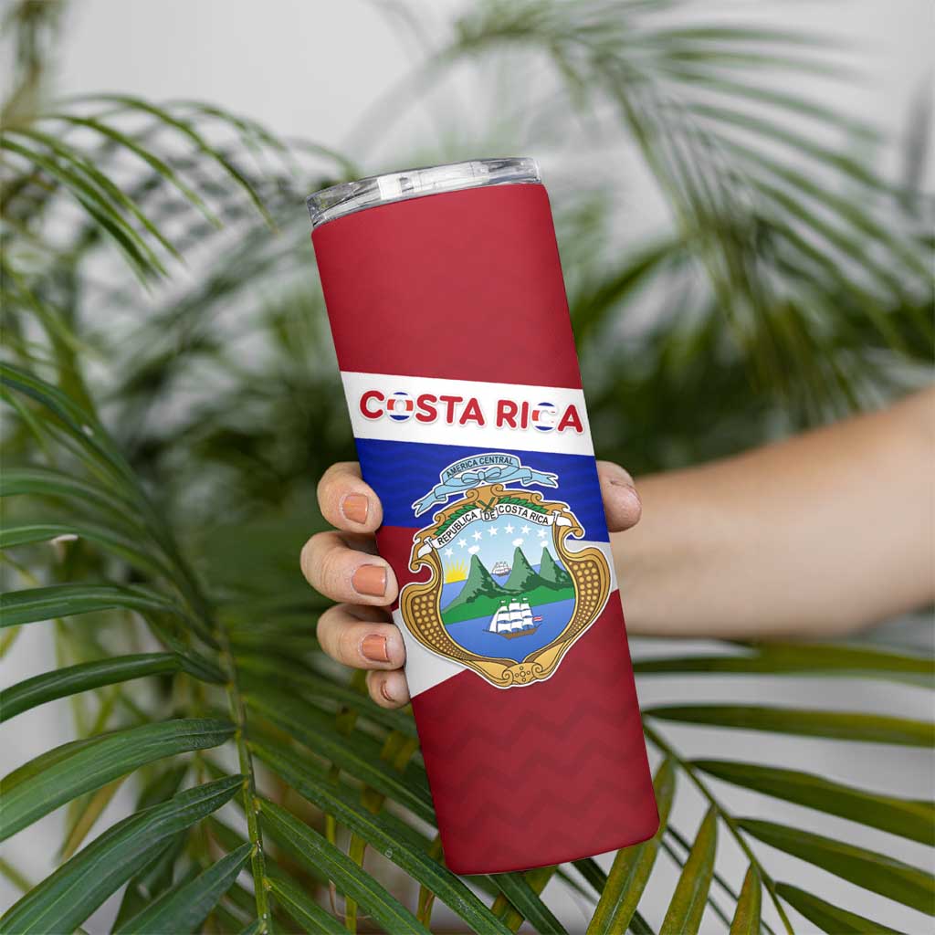 Costa Rica Flag Skinny Tumbler Red White Blue with National Coat of Arms and Shield Design - Wonder Print Shop