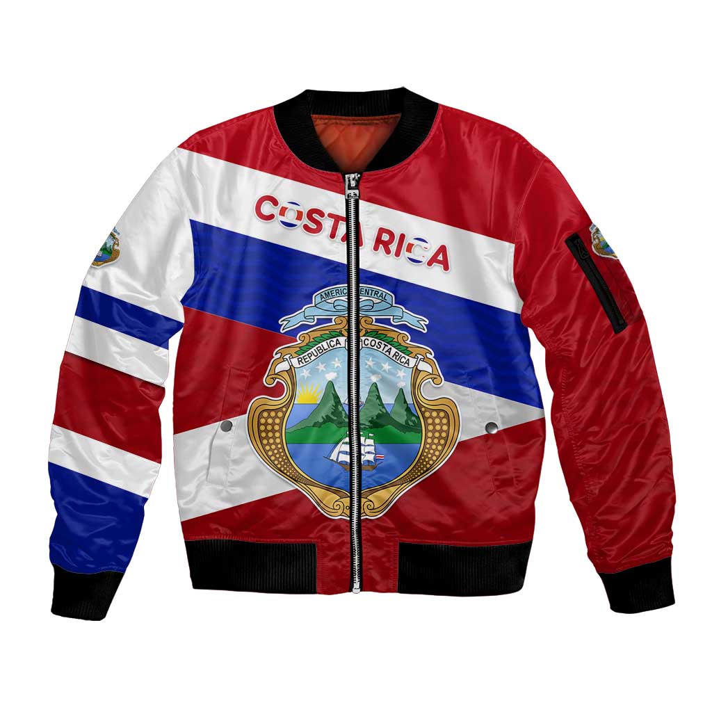 Costa Rica Flag Sleeve Zip Bomber Jacket Red White Blue with National Coat of Arms and Shield Design - Wonder Print Shop