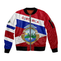 Costa Rica Flag Sleeve Zip Bomber Jacket Red White Blue with National Coat of Arms and Shield Design - Wonder Print Shop